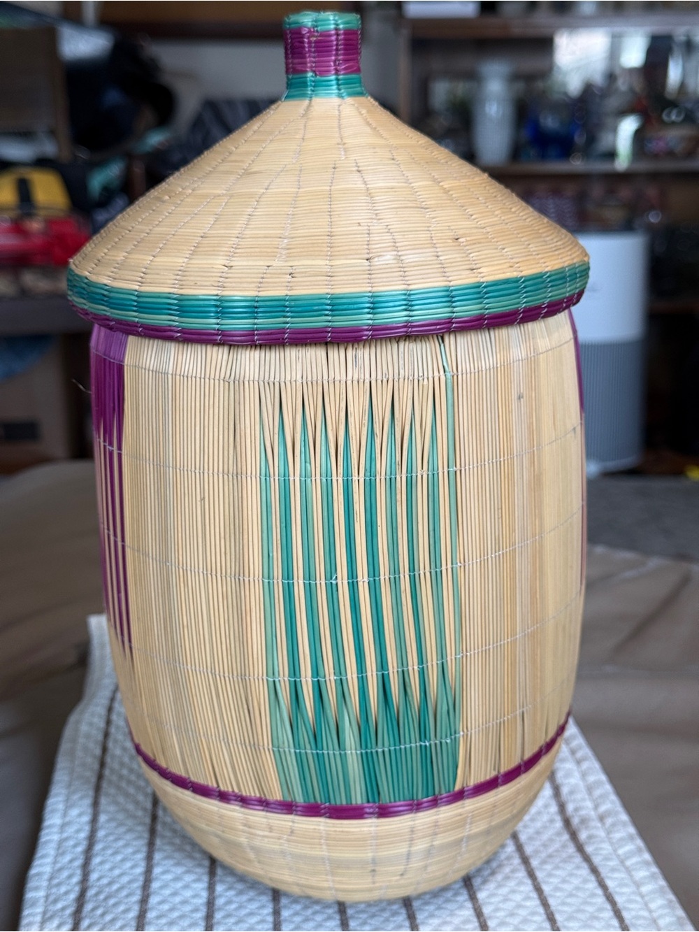 Handwoven Bamboo Lidded Basket with Teal and Purple Accents Tutsi basket